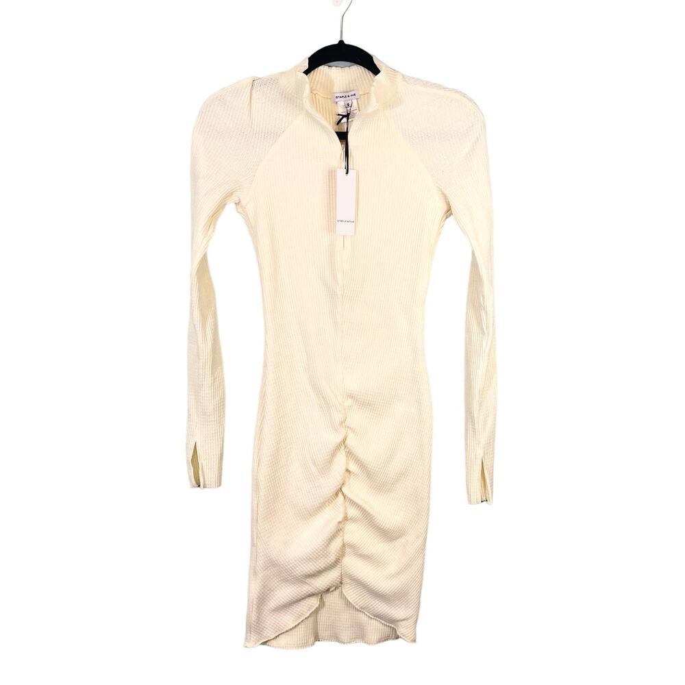 Staple & Hue Women's Cream Ruched Long Sleeve Knit Bodycon Mini Dress Small NWT